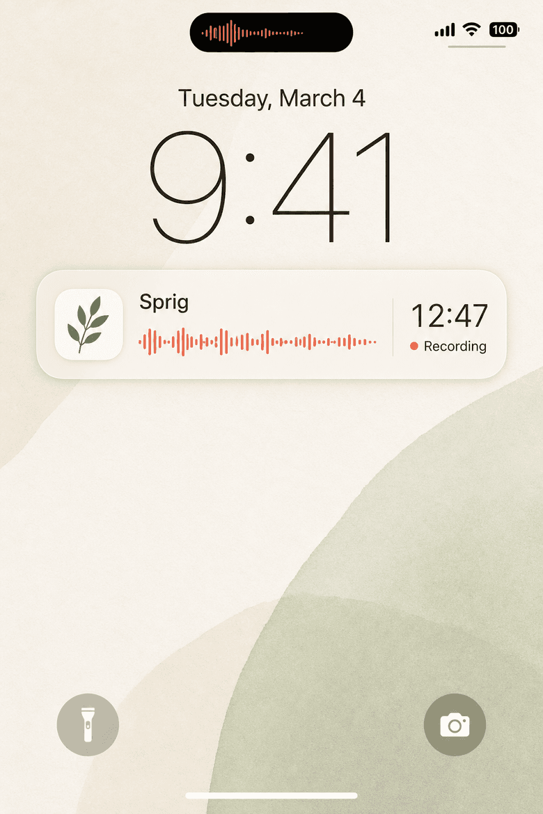iPhone lock screen showing Sprig recording in a Live Activity