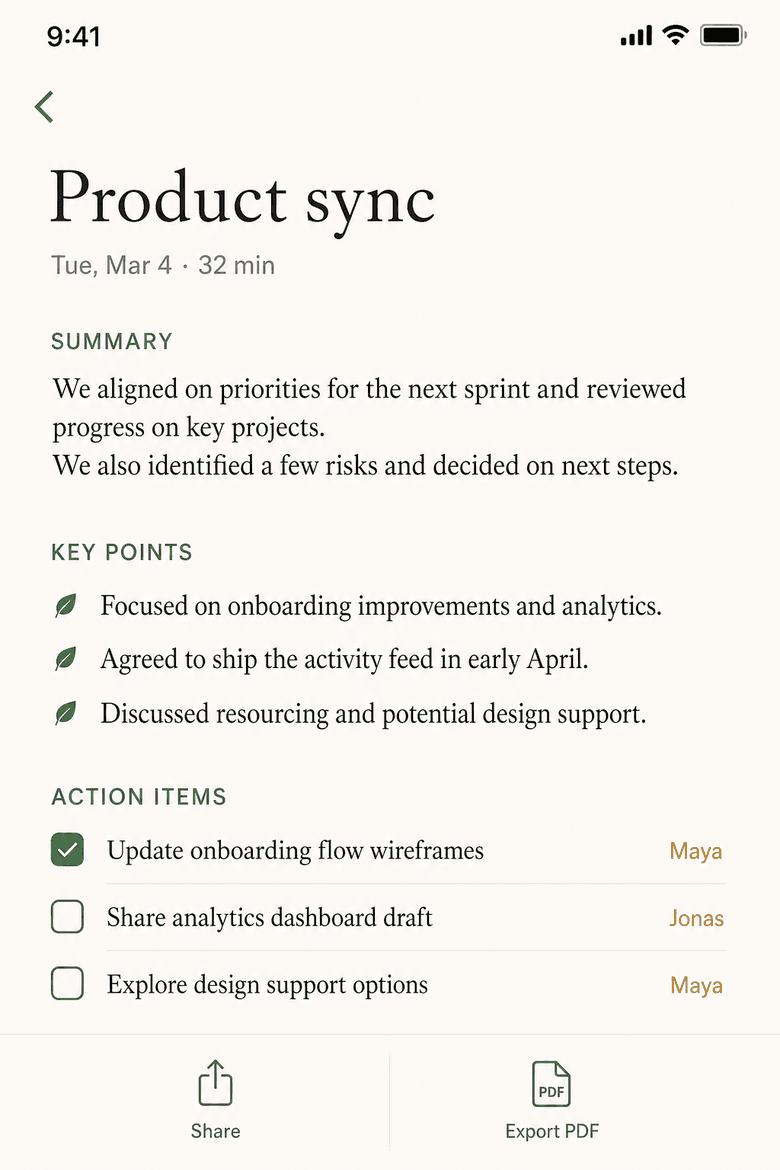 Sprig note detail screen with a summary, key points, and action items