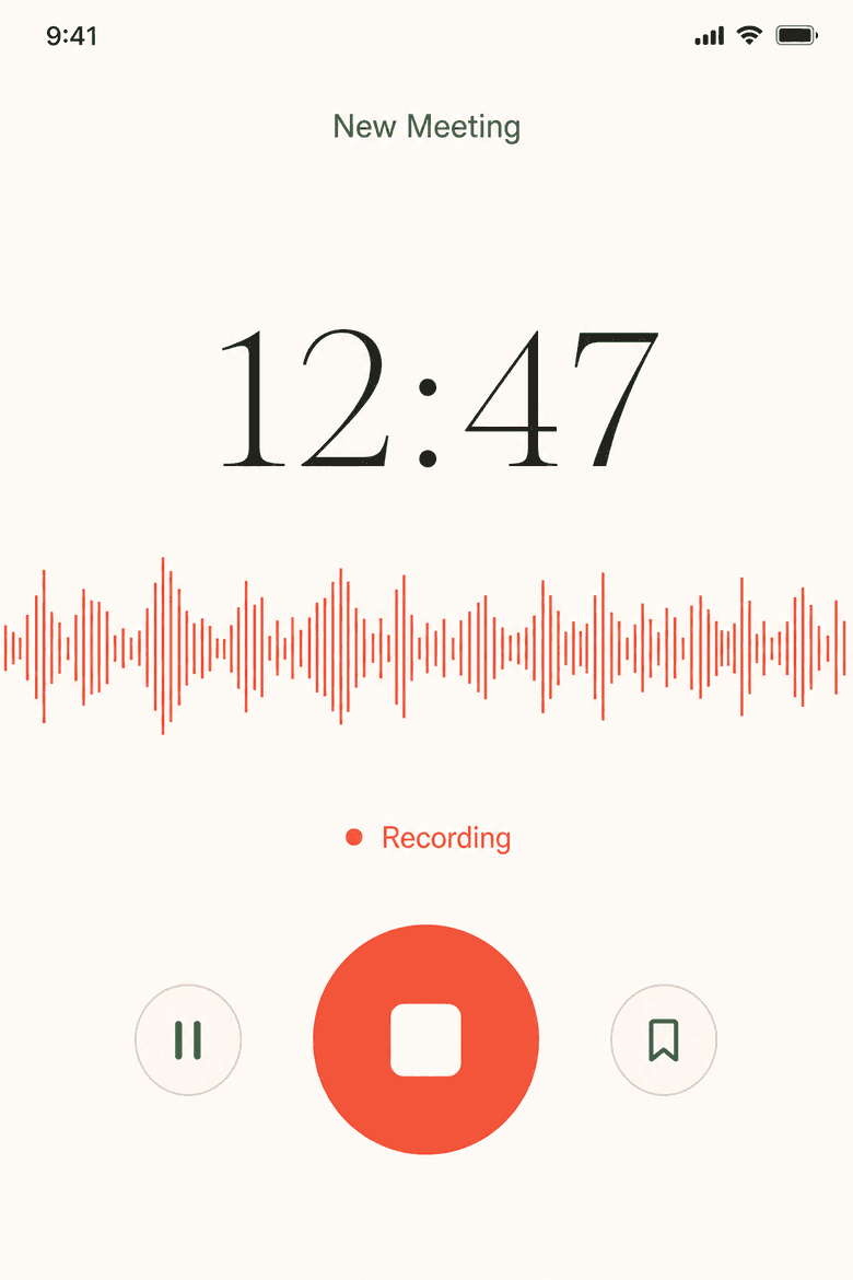 Sprig recording screen with a live coral waveform and elapsed timer