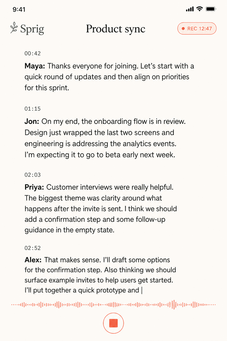 Sprig live transcript screen showing timestamped meeting dialogue
